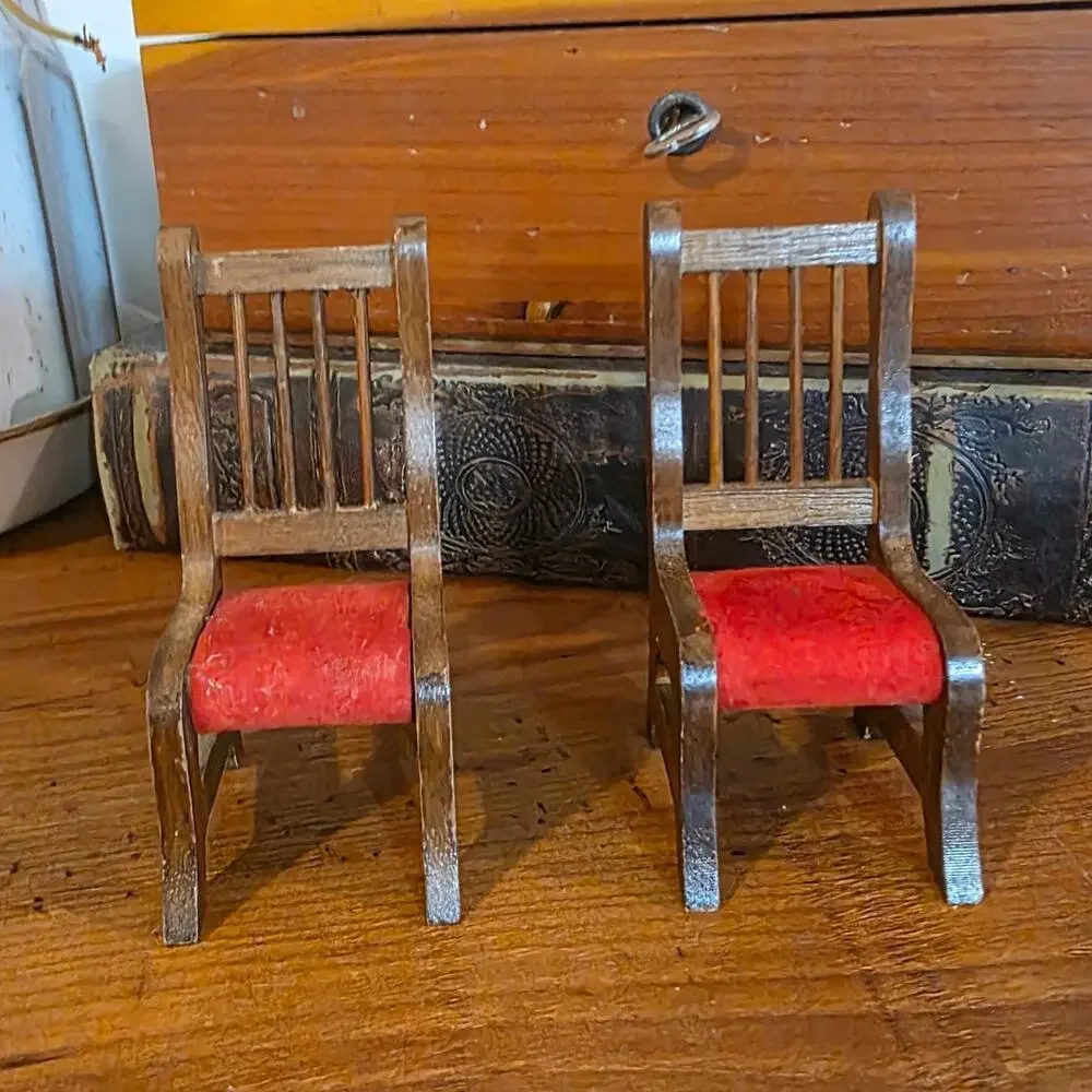 Set of 2 Vtg 1980's Dark Wood Red Seat Miniature 1:12 Scale Dining Room Chair